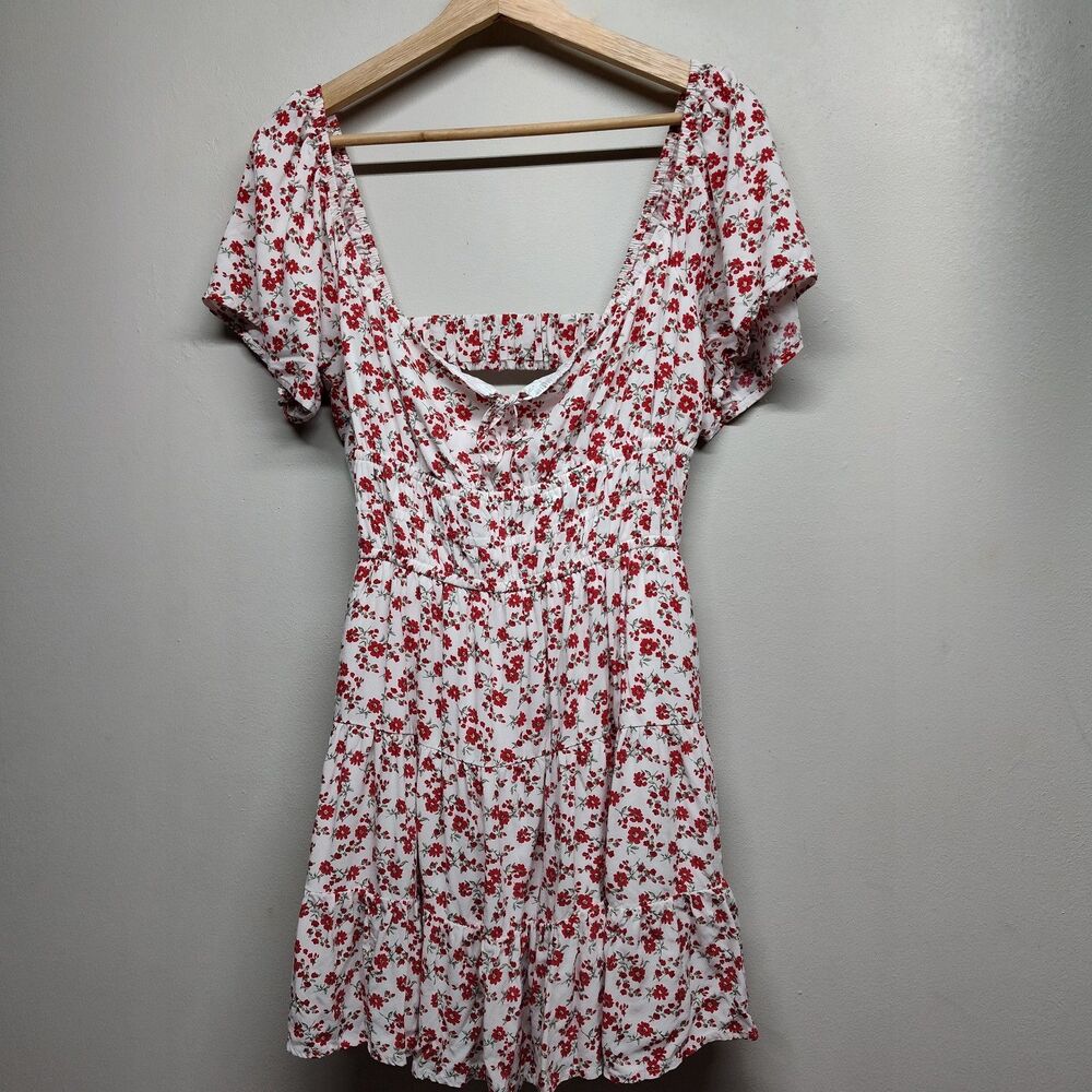 Hollister Mini Dress Women M Red Ditsy Floral Short Sleeve Romantic Coquette